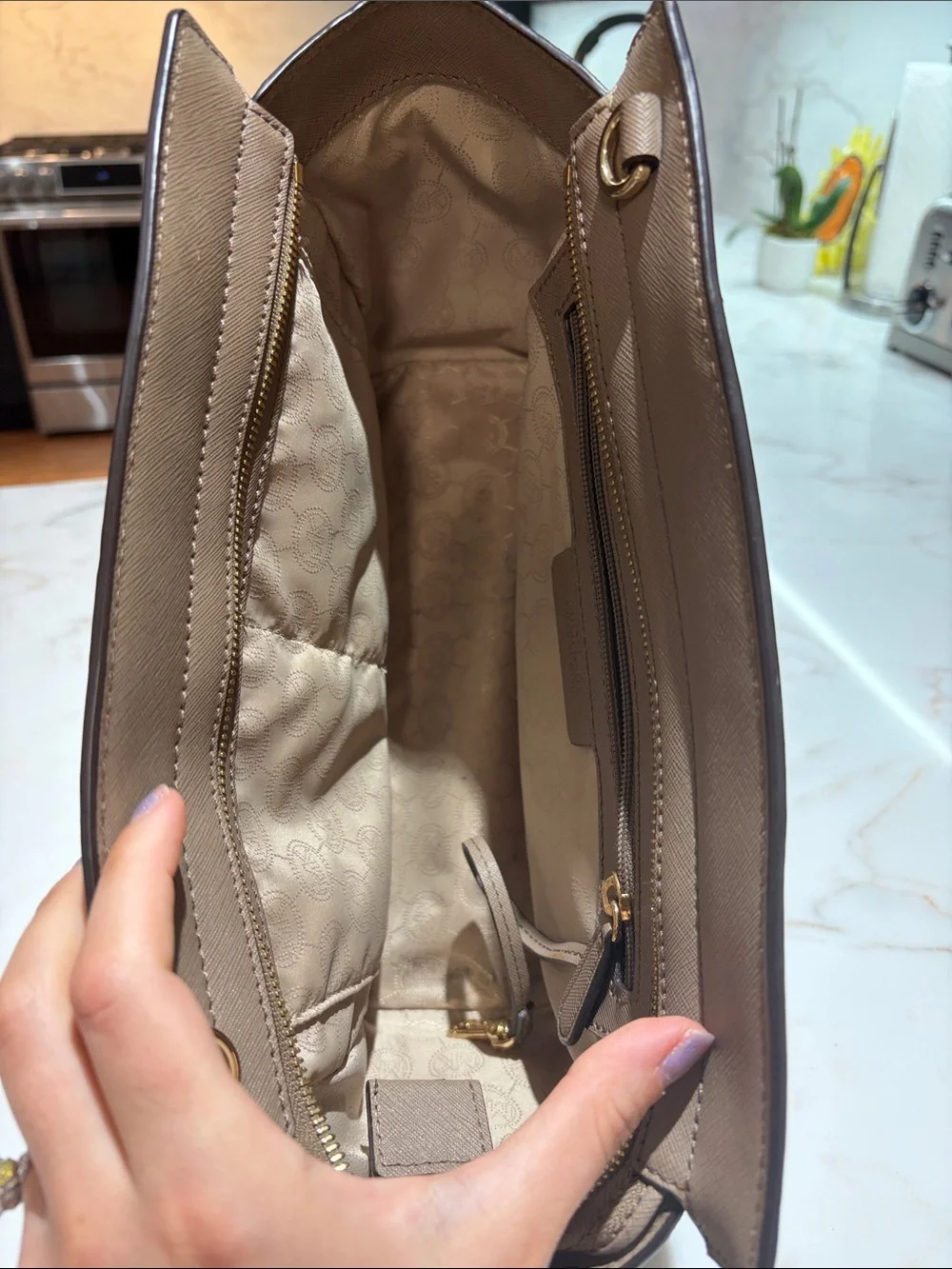 Michael Kors Taupe Saffiano Leather Satchel with Gold Hardware